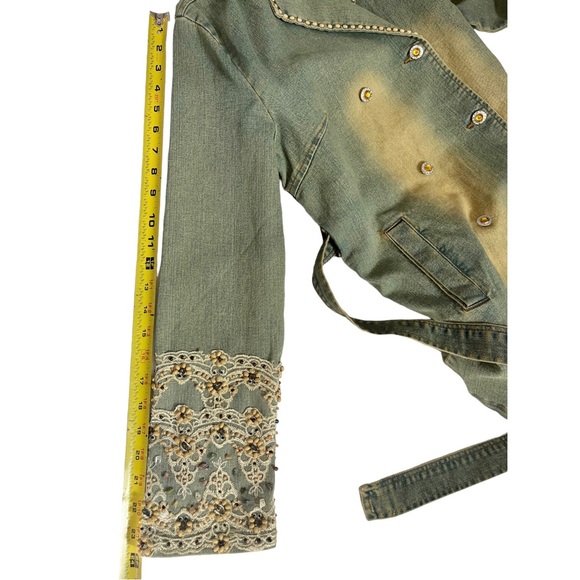 Vintage Kaity Jean Jacket Belted Button Front Bead Lace Sleeve Size Medium - Picture 12 of 16